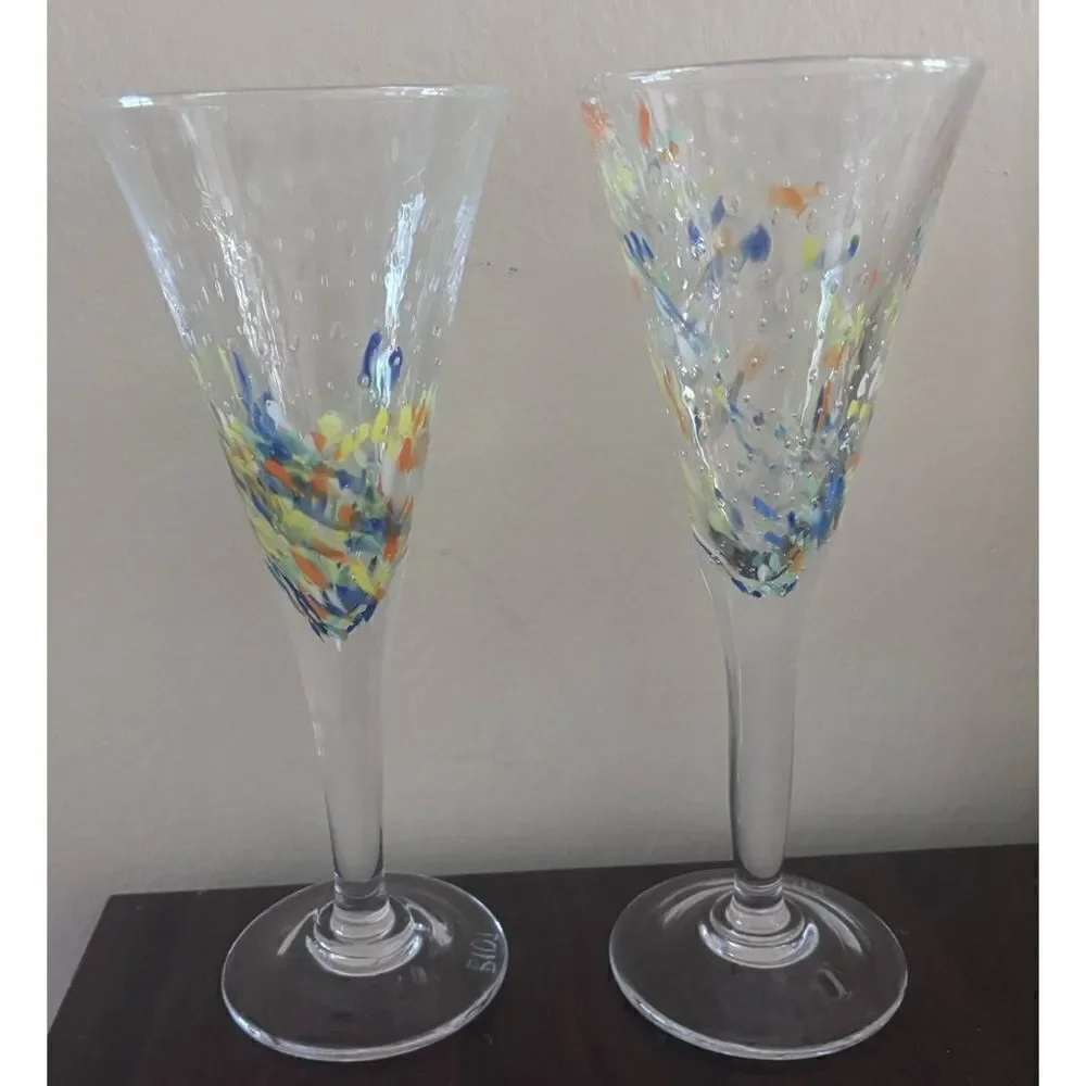 VNT  La Verrerie De Biot 9 1/4”Crystal Confetti, champagne fluids/ Set of 2